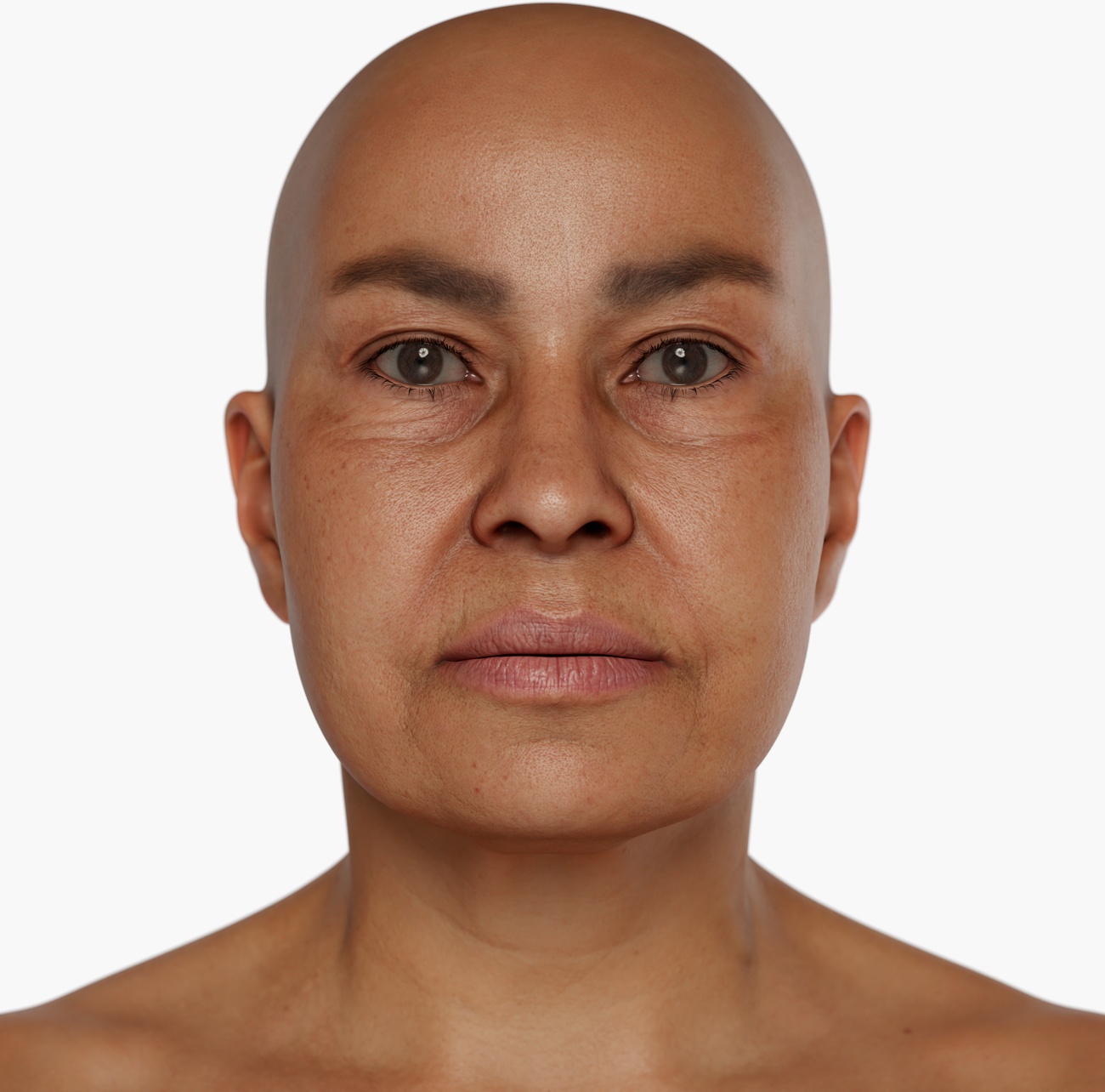 High-resolution head scan render of a middle-aged female 3D model showing facial surface detail and skin texture